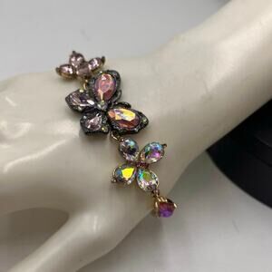 Betsey Johnson Pink AB Rhinestone Gunmetal Butterfly Blitz Bracelet size 8.25"‎